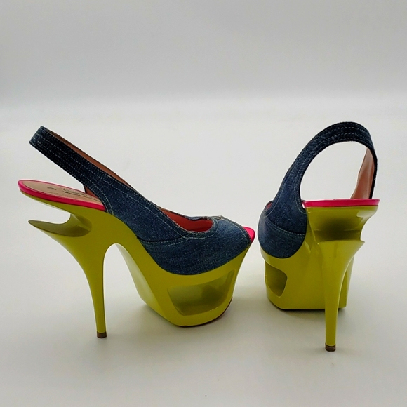 GIANMARCO LORENZI SIZE 39 COLOR BLUE JEANS MATIREAL HOT PINK AND LIME GREEN - Picture 6 of 12